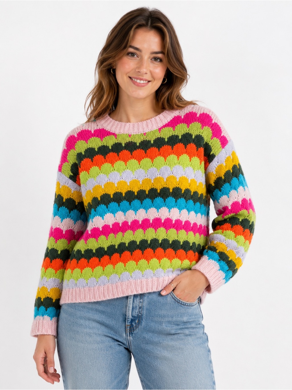 J.NNA Rainbow Scallop Knit Sweater Small Bright Chunky Colorful Acrylic Pullover